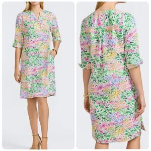 FOXCROFT Vena Linen Impressionist Floral‎ 3/4 Sleeve Dress women's size large